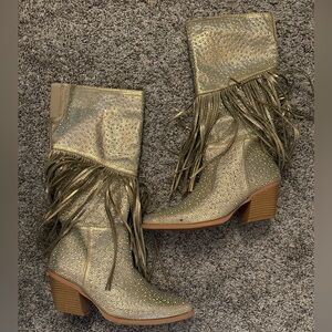 Gold tasseled, rhinestone cowboy boots